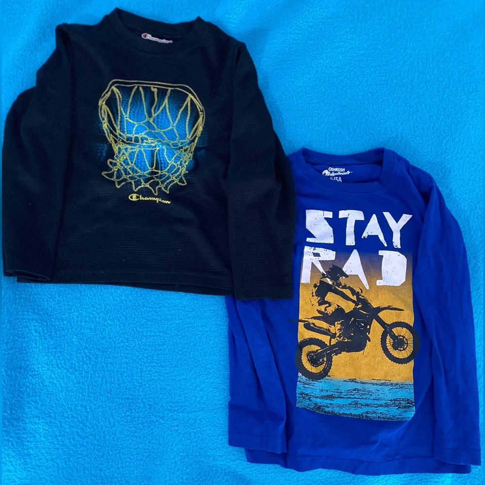 Two size 5 boys graphic long sleeve shirts